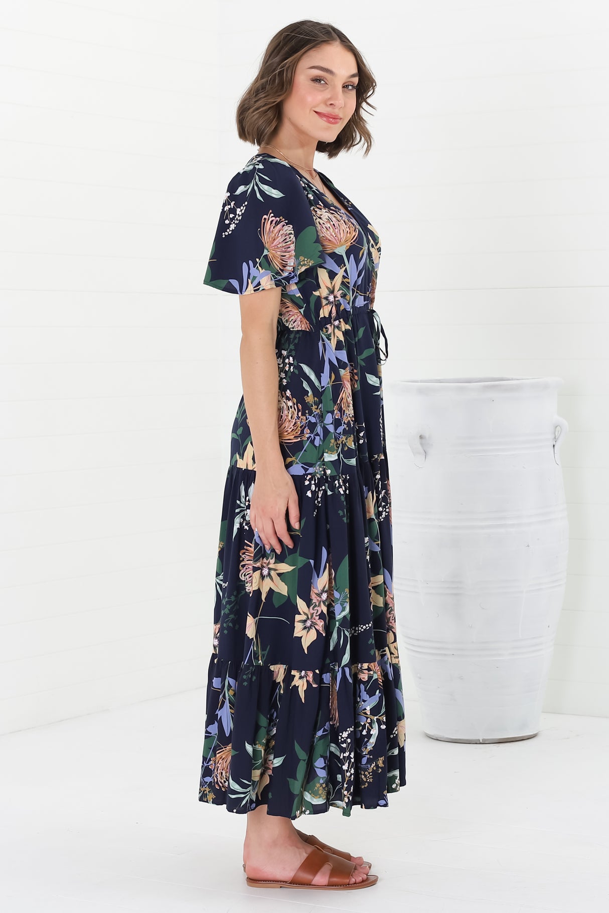 Adhira Maxi Dress - Buttoned Bodice A-Line Dress with Flute Sleeves in Raven Print Navy