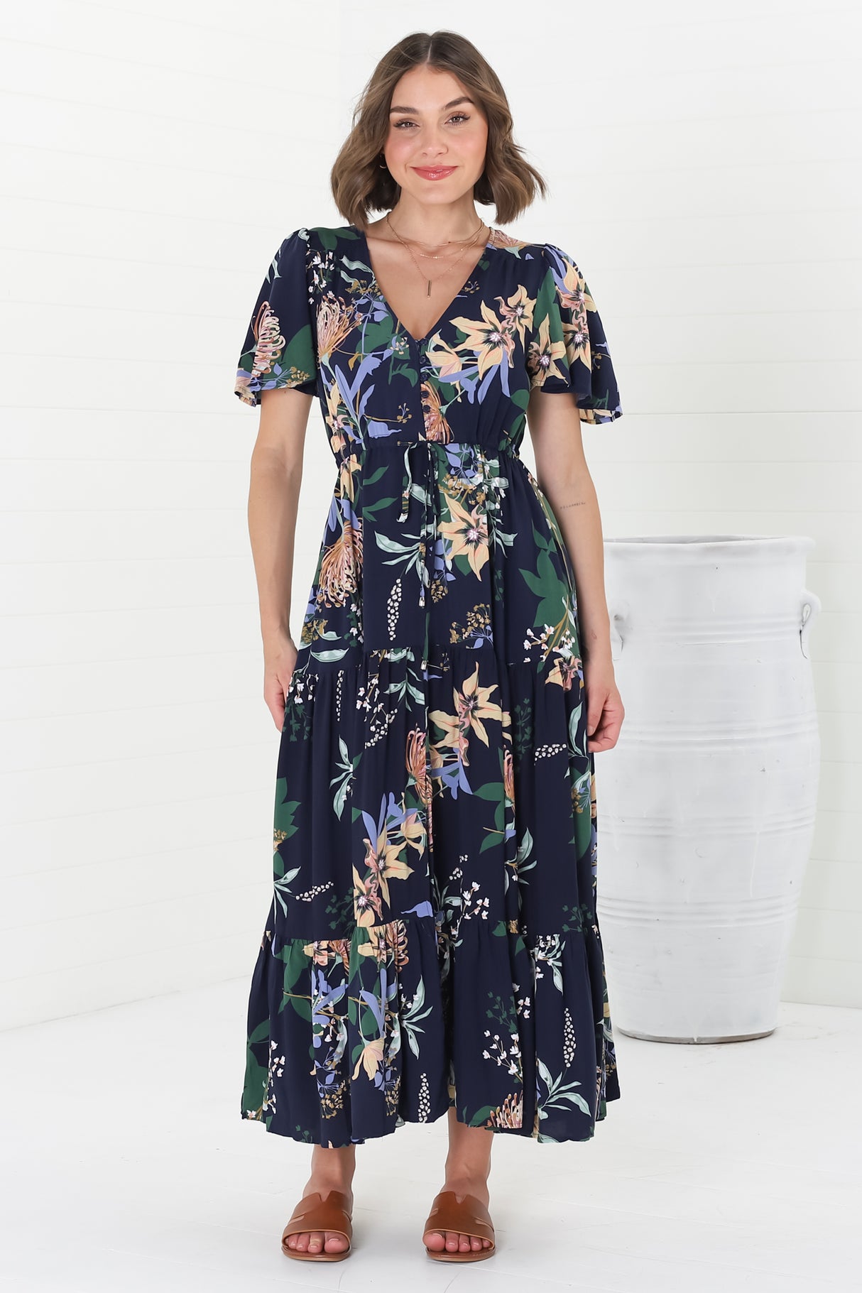 Adhira Maxi Dress - Buttoned Bodice A-Line Dress with Flute Sleeves in Raven Print Navy