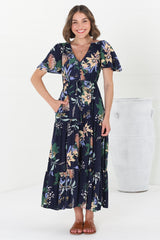 Adhira Maxi Dress - Buttoned Bodice A-Line Dress with Flute Sleeves in Raven Print Navy