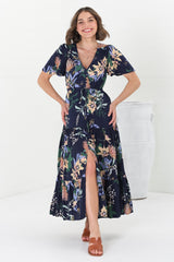 Adhira Maxi Dress - Buttoned Bodice A-Line Dress with Flute Sleeves in Raven Print Navy