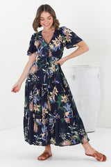 Adhira Maxi Dress - Buttoned Bodice A-Line Dress with Flute Sleeves in Raven Print Navy