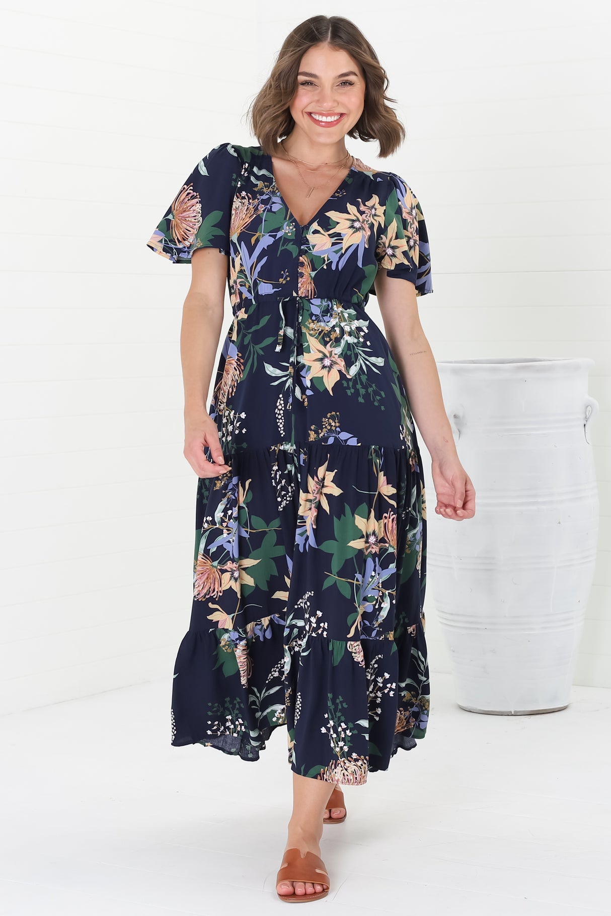 Adhira Maxi Dress - Buttoned Bodice A-Line Dress with Flute Sleeves in Raven Print Navy