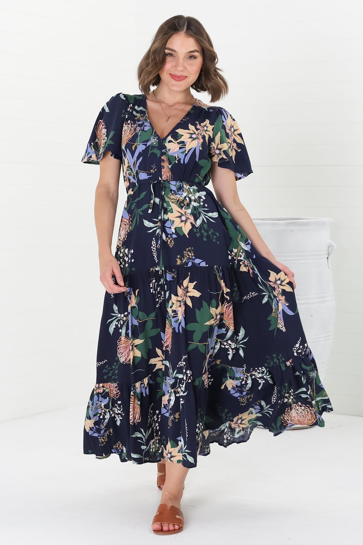 Adhira Maxi Dress - Buttoned Bodice A-Line Dress with Flute Sleeves in Raven Print Navy