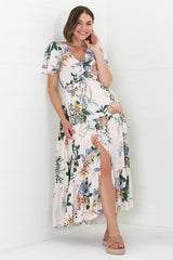 Adhira Maxi Dress - Buttoned Bodice A-Line Dress with Flute Sleeves in Raven Print White