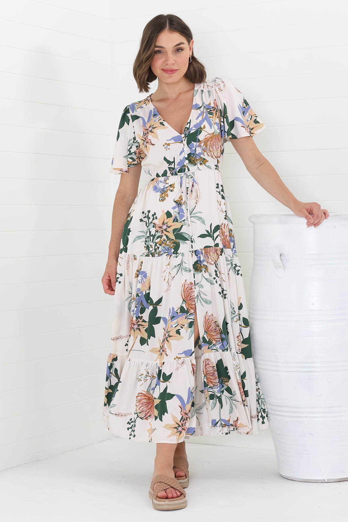 Adhira Maxi Dress - Buttoned Bodice A-Line Dress with Flute Sleeves in Raven Print White