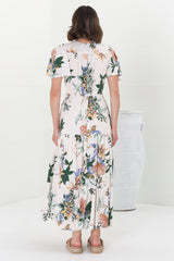 Adhira Maxi Dress - Buttoned Bodice A-Line Dress with Flute Sleeves in Raven Print White