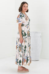 Adhira Maxi Dress - Buttoned Bodice A-Line Dress with Flute Sleeves in Raven Print White