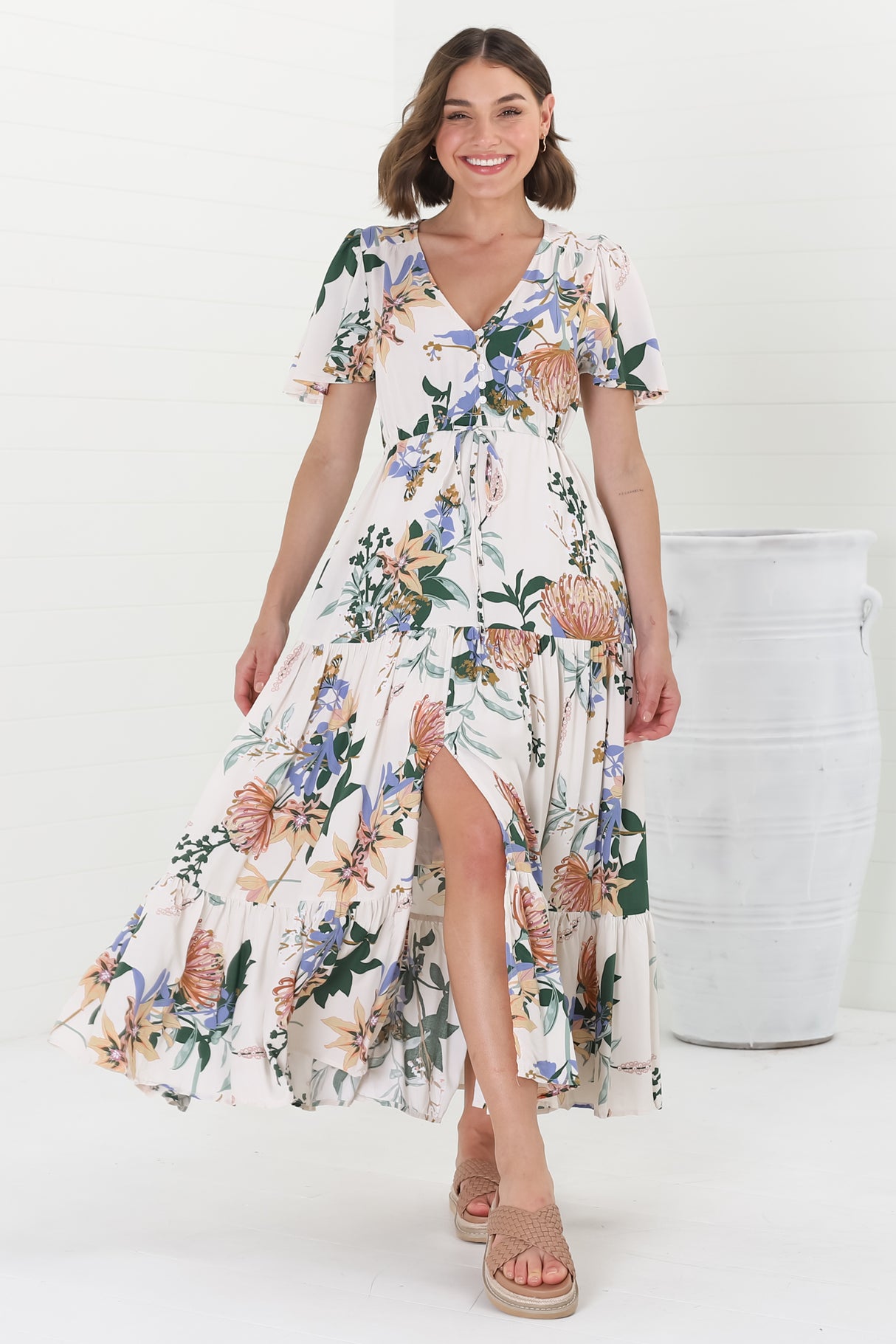 Adhira Maxi Dress - Buttoned Bodice A-Line Dress with Flute Sleeves in Raven Print White