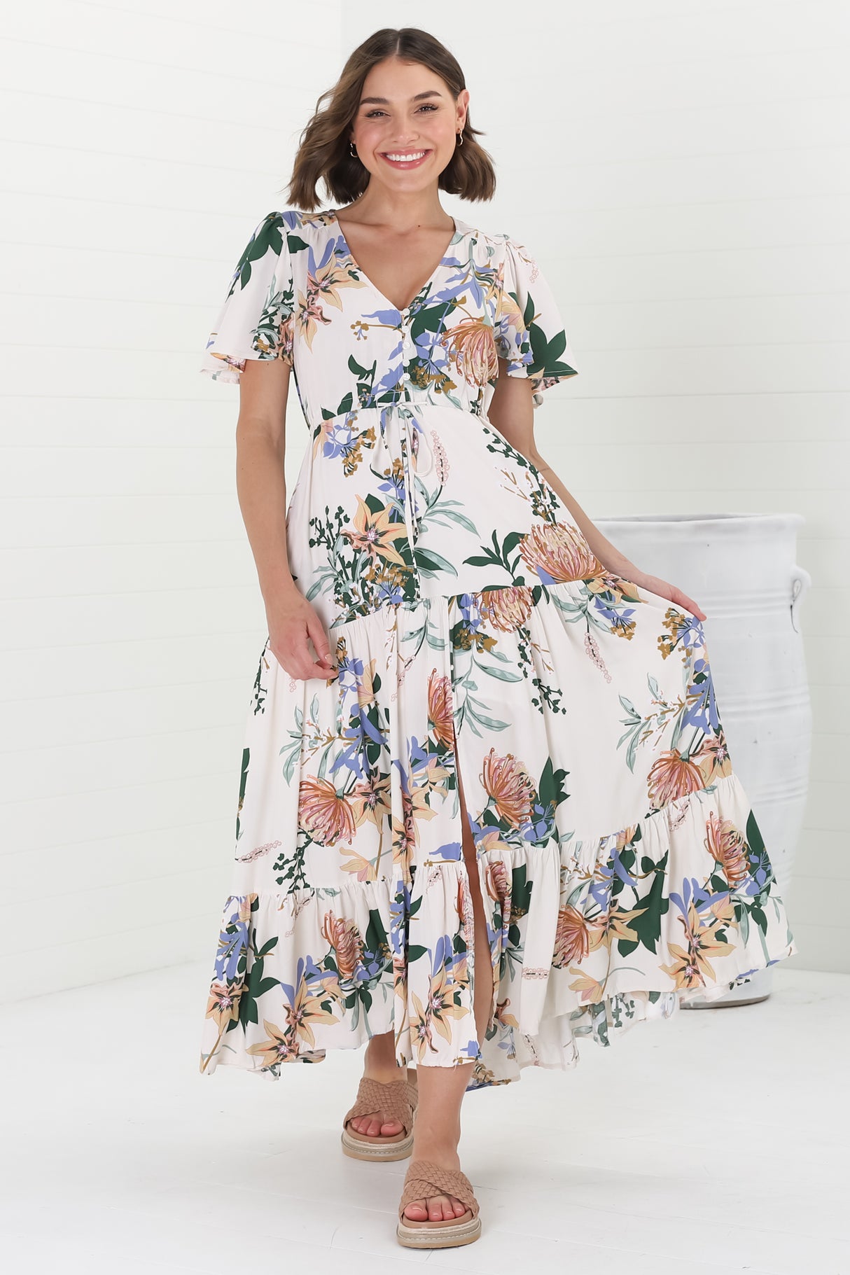 Adhira Maxi Dress - Buttoned Bodice A-Line Dress with Flute Sleeves in Raven Print White