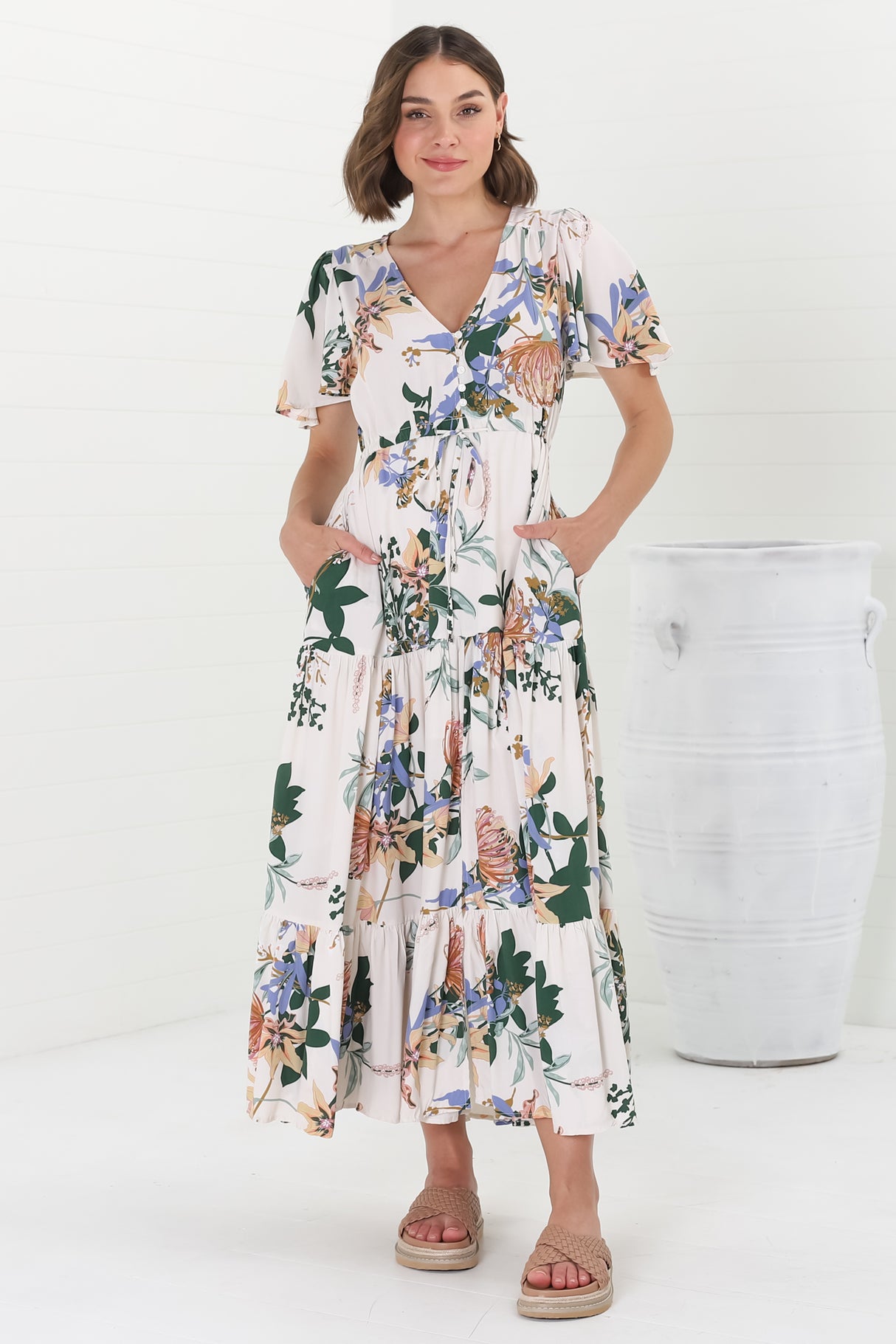 Adhira Maxi Dress - Buttoned Bodice A-Line Dress with Flute Sleeves in Raven Print White