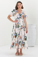 Adhira Maxi Dress - Buttoned Bodice A-Line Dress with Flute Sleeves in Raven Print White