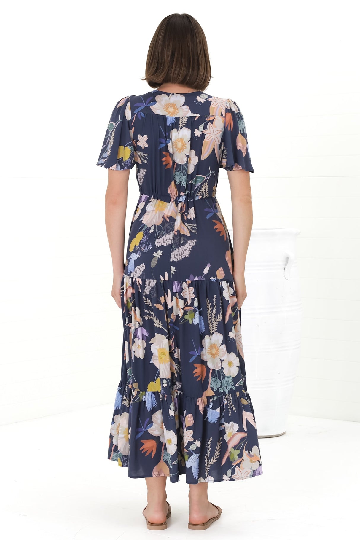 Adhira Maxi Dress - Buttoned Bodice A-Line Dress with Flute Sleeves in Elinda Print