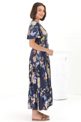 Adhira Maxi Dress - Buttoned Bodice A-Line Dress with Flute Sleeves in Elinda Print