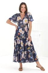 Adhira Maxi Dress - Buttoned Bodice A-Line Dress with Flute Sleeves in Elinda Print