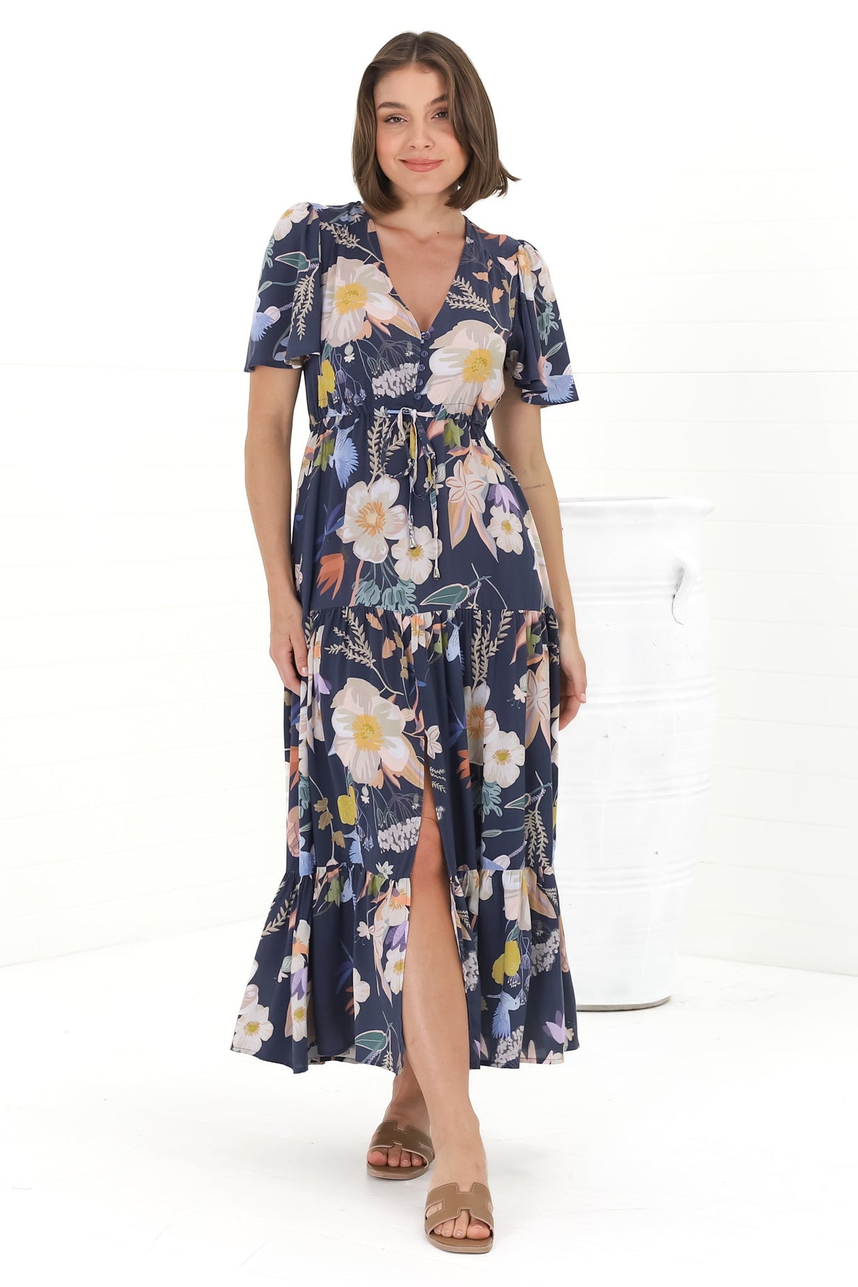 Adhira Maxi Dress - Buttoned Bodice A-Line Dress with Flute Sleeves in Elinda Print