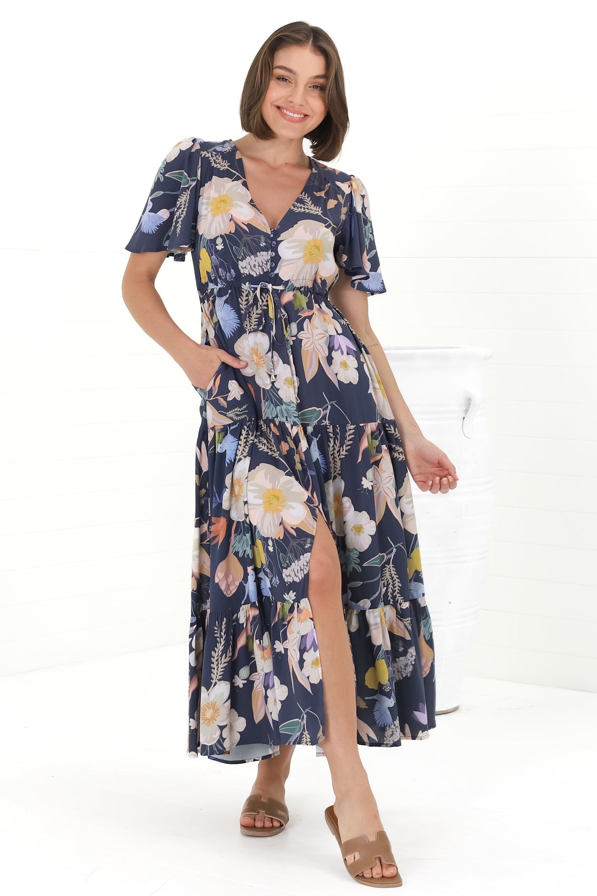 Adhira Maxi Dress - Buttoned Bodice A-Line Dress with Flute Sleeves in Elinda Print