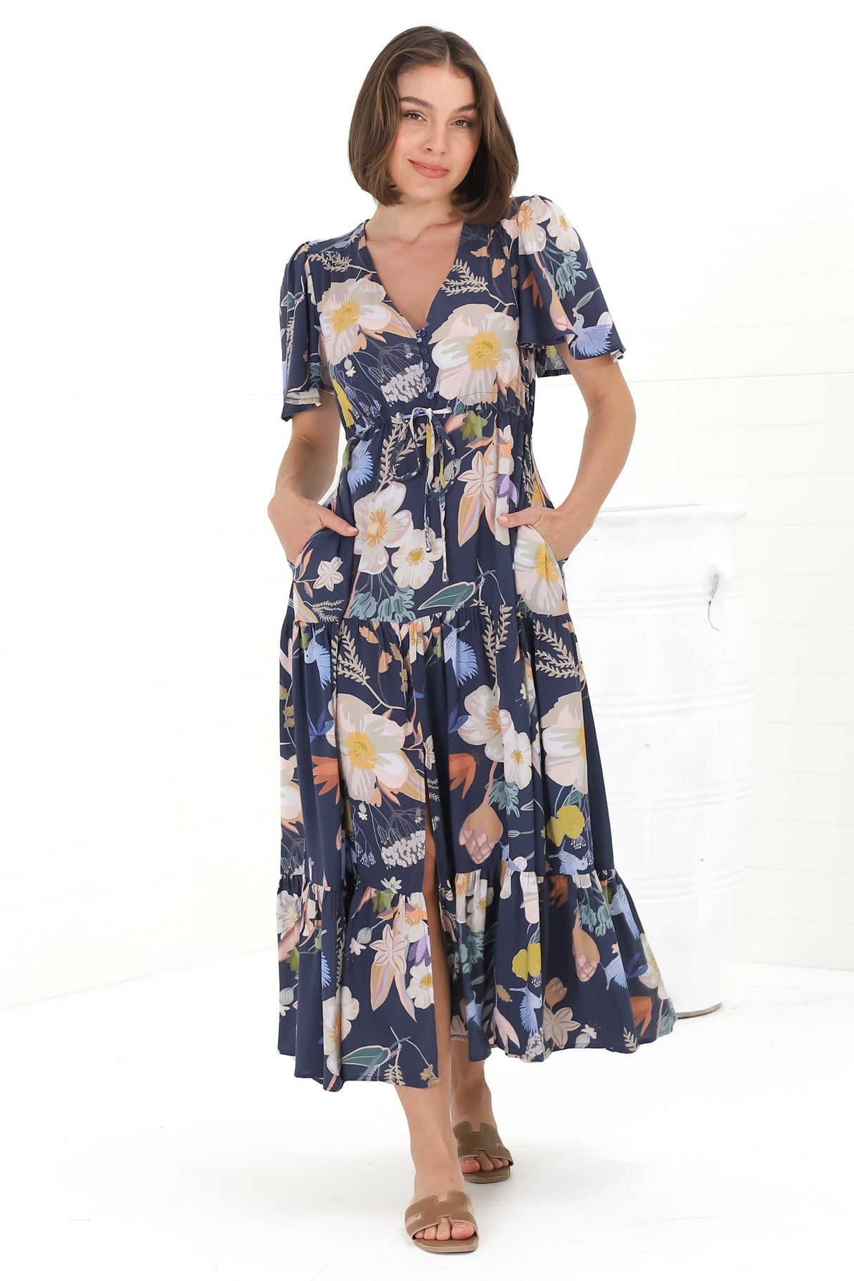 Adhira Maxi Dress - Buttoned Bodice A-Line Dress with Flute Sleeves in Elinda Print