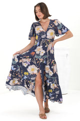 Adhira Maxi Dress - Buttoned Bodice A-Line Dress with Flute Sleeves in Elinda Print