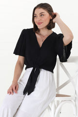 Adiana Top - Button Down Cape Sleeve Top with Tie Detail in Black