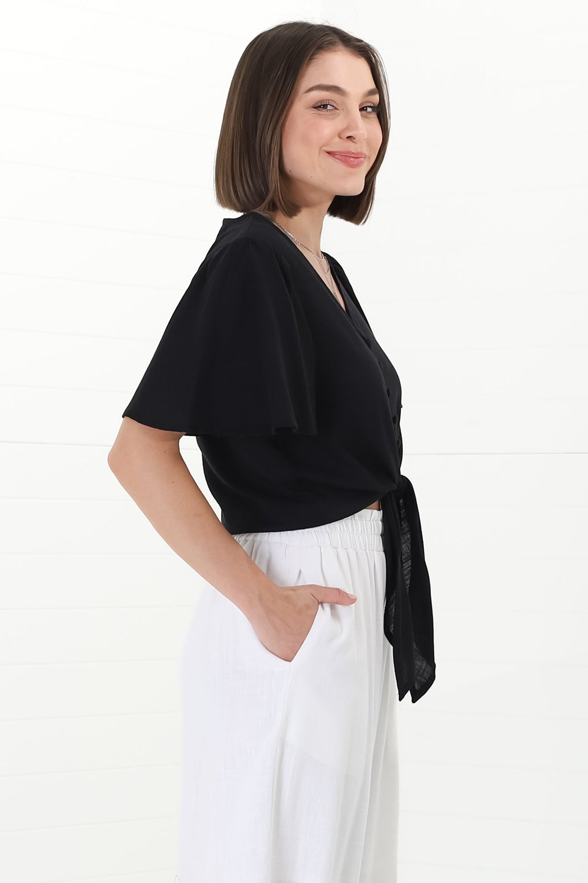 Adiana Top - Button Down Cape Sleeve Top with Tie Detail in Black