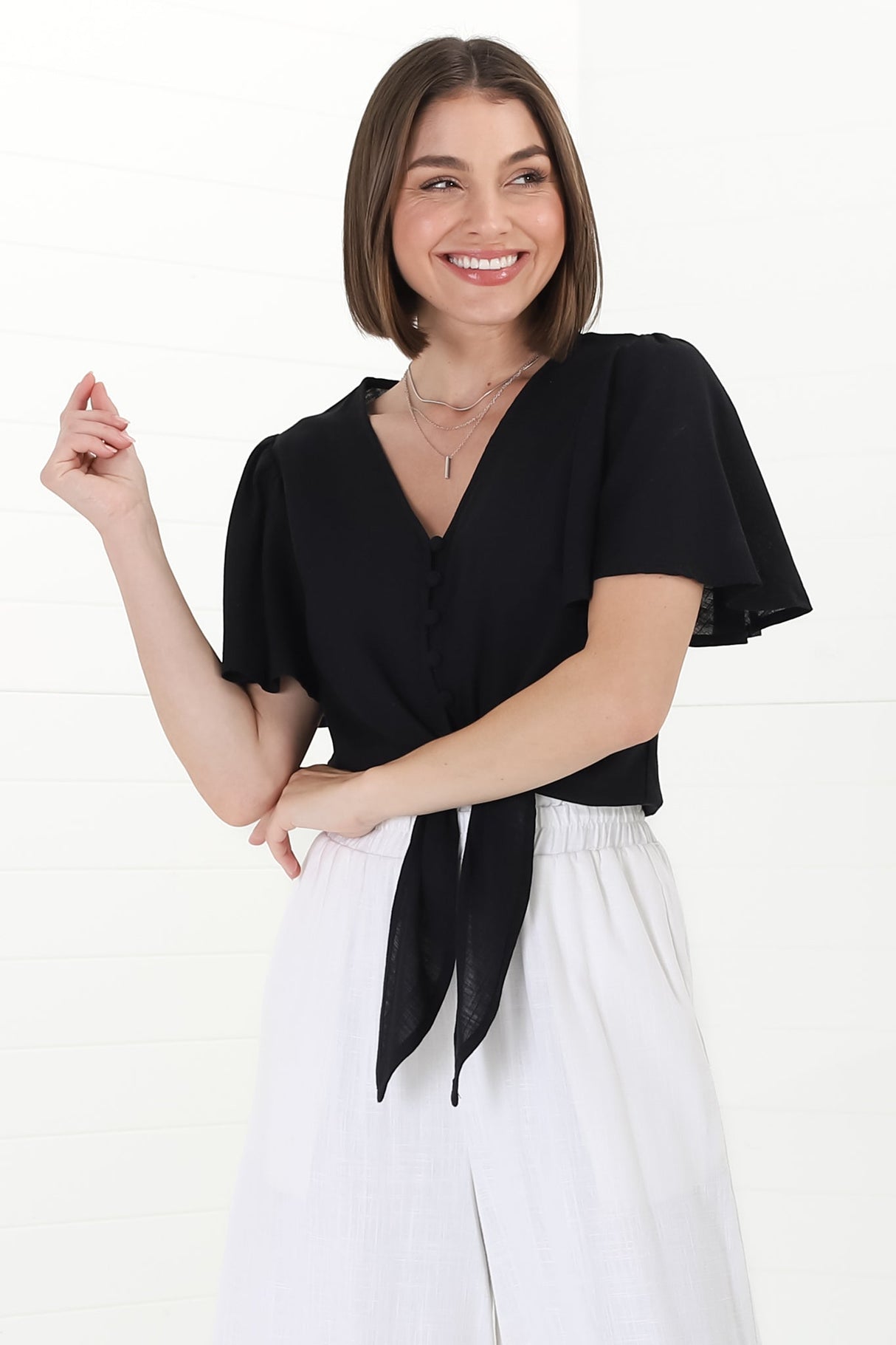 Adiana Top - Button Down Cape Sleeve Top with Tie Detail in Black