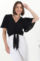 Adiana Top - Button Down Cape Sleeve Top with Tie Detail in Black