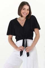 Adiana Top - Button Down Cape Sleeve Top with Tie Detail in Black