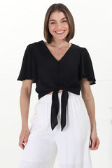 Adiana Top - Button Down Cape Sleeve Top with Tie Detail in Black