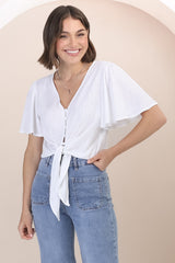 Adiana Top - Button Down Cape Sleeve Top with Tie Detail in White