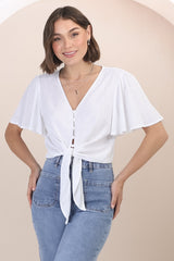 Adiana Top - Button Down Cape Sleeve Top with Tie Detail in White