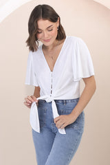 Adiana Top - Button Down Cape Sleeve Top with Tie Detail in White