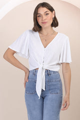 Adiana Top - Button Down Cape Sleeve Top with Tie Detail in White