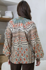 Adora Top - Mandarin Collar Button-Down with Long Balloon Sleeves in Carmine Print
