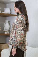 Adora Top - Mandarin Collar Button-Down with Long Balloon Sleeves in Carmine Print