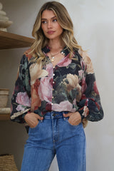 Adora Top - Mandarin Collar Button-Down with Long Balloon Sleeves in Annalisa Print