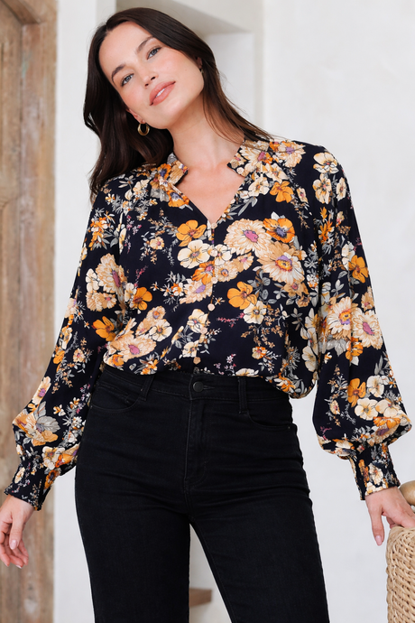 Adora Top - Mandarin Collar Button-Down with Long Balloon Sleeves in Autumn Print