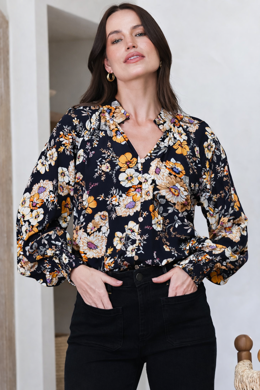 Adora Top - Mandarin Collar Button-Down with Long Balloon Sleeves in Autumn Print