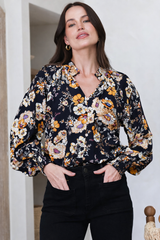 Adora Top - Mandarin Collar Button-Down with Long Balloon Sleeves in Autumn Print
