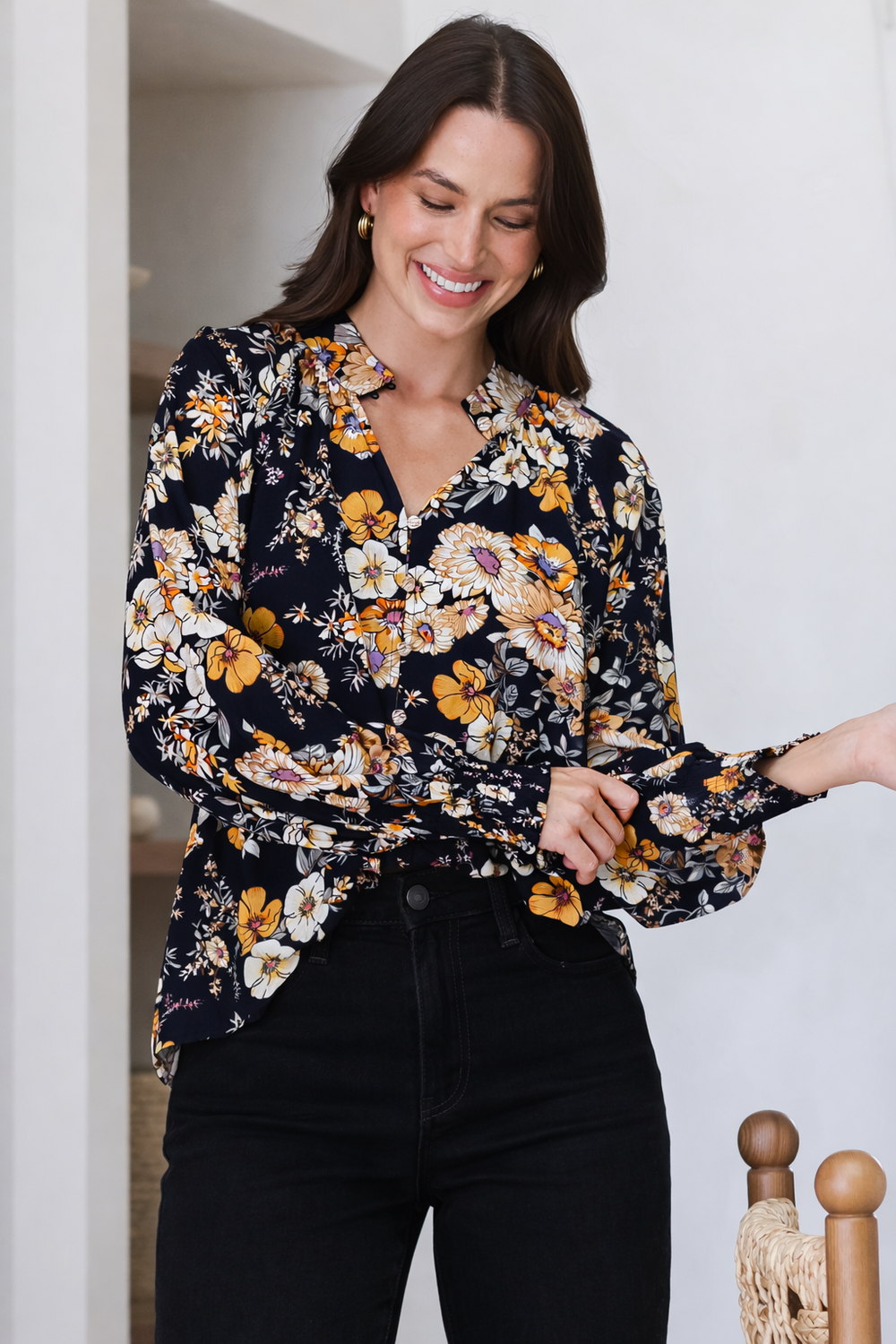 Adora Top - Mandarin Collar Button-Down with Long Balloon Sleeves in Autumn Print