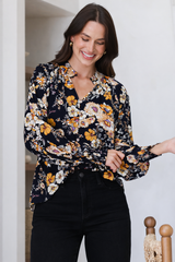 Adora Top - Mandarin Collar Button-Down with Long Balloon Sleeves in Autumn Print