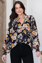 Adora Top - Mandarin Collar Button-Down with Long Balloon Sleeves in Autumn Print