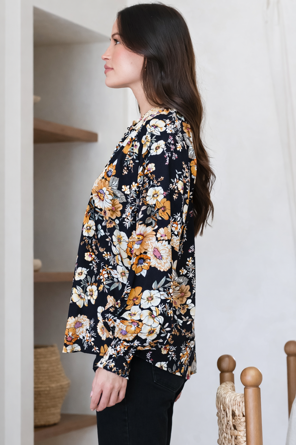 Adora Top - Mandarin Collar Button-Down with Long Balloon Sleeves in Autumn Print