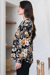 Adora Top - Mandarin Collar Button-Down with Long Balloon Sleeves in Autumn Print