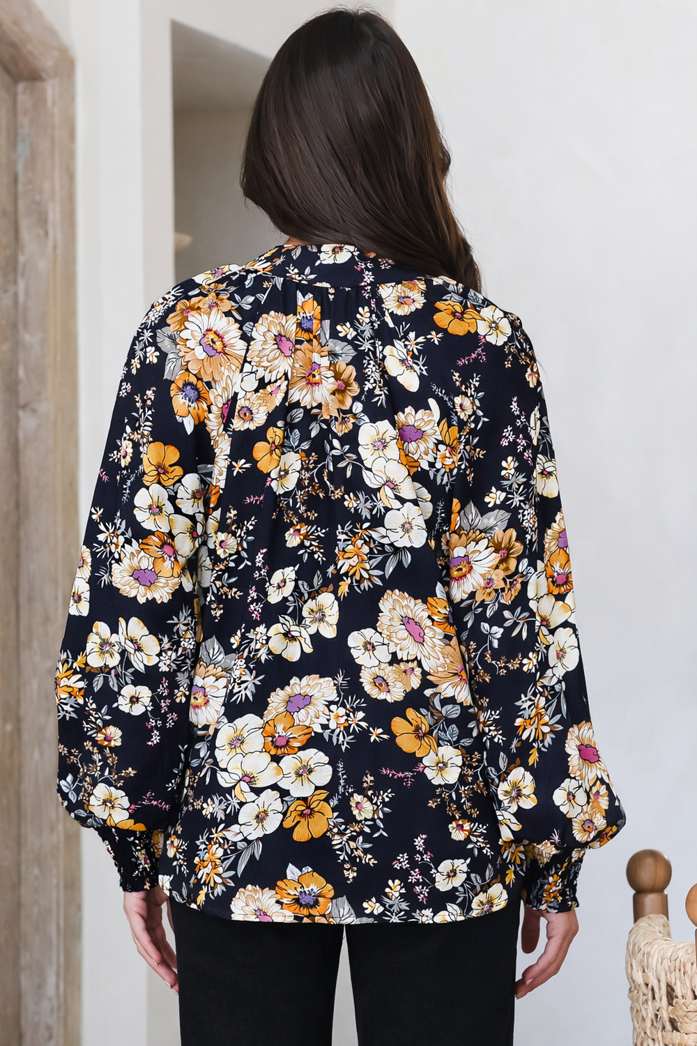 Adora Top - Mandarin Collar Button-Down with Long Balloon Sleeves in Autumn Print
