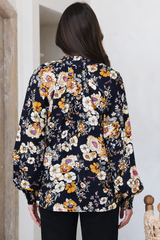Adora Top - Mandarin Collar Button-Down with Long Balloon Sleeves in Autumn Print