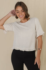 Adria Top - Frill High-Low Hem with Wooden Button Down Back Top in Oat