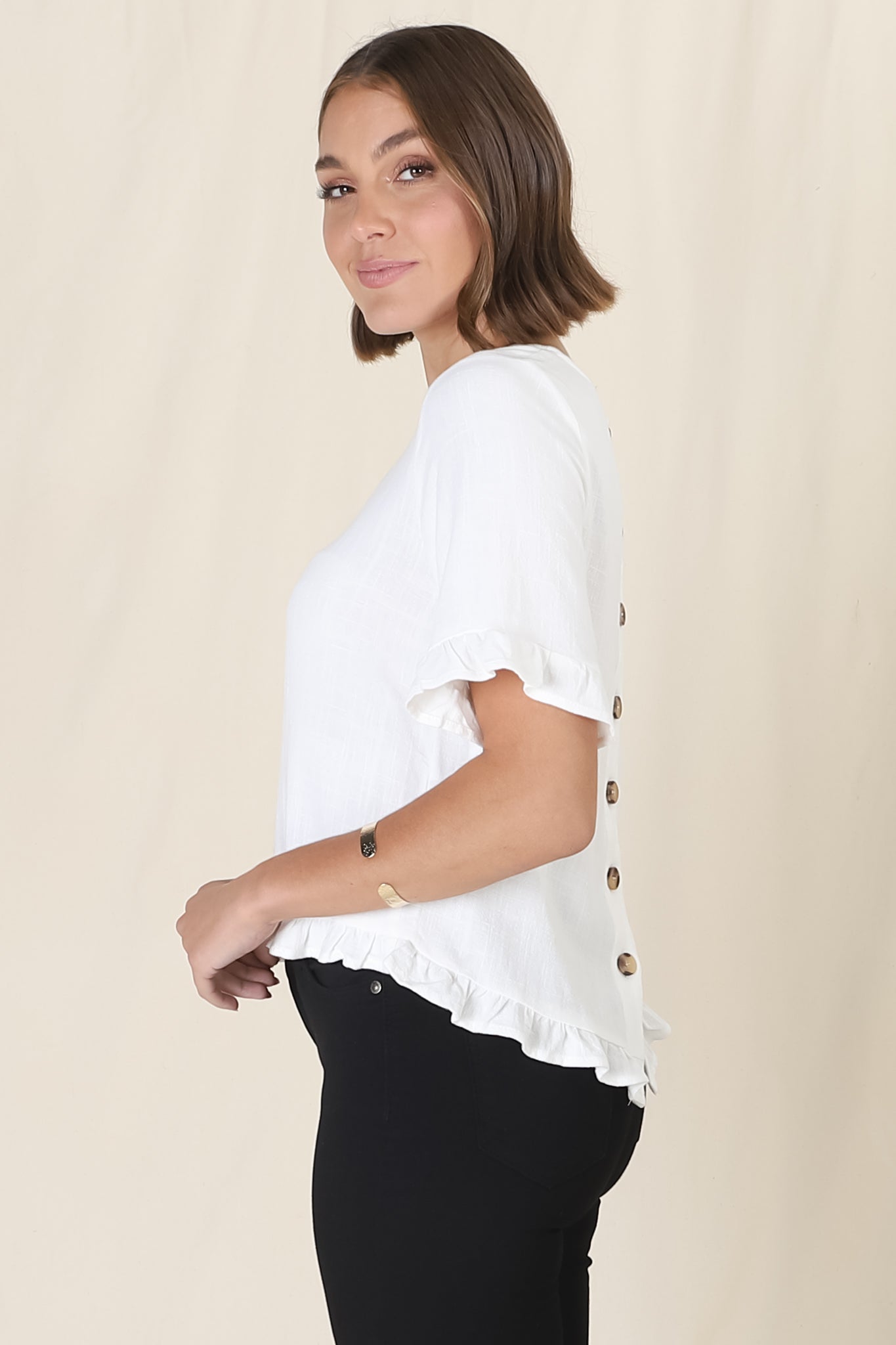 Adria Top - Frill High-Low Hem with Wooden Button Down Back Top in White