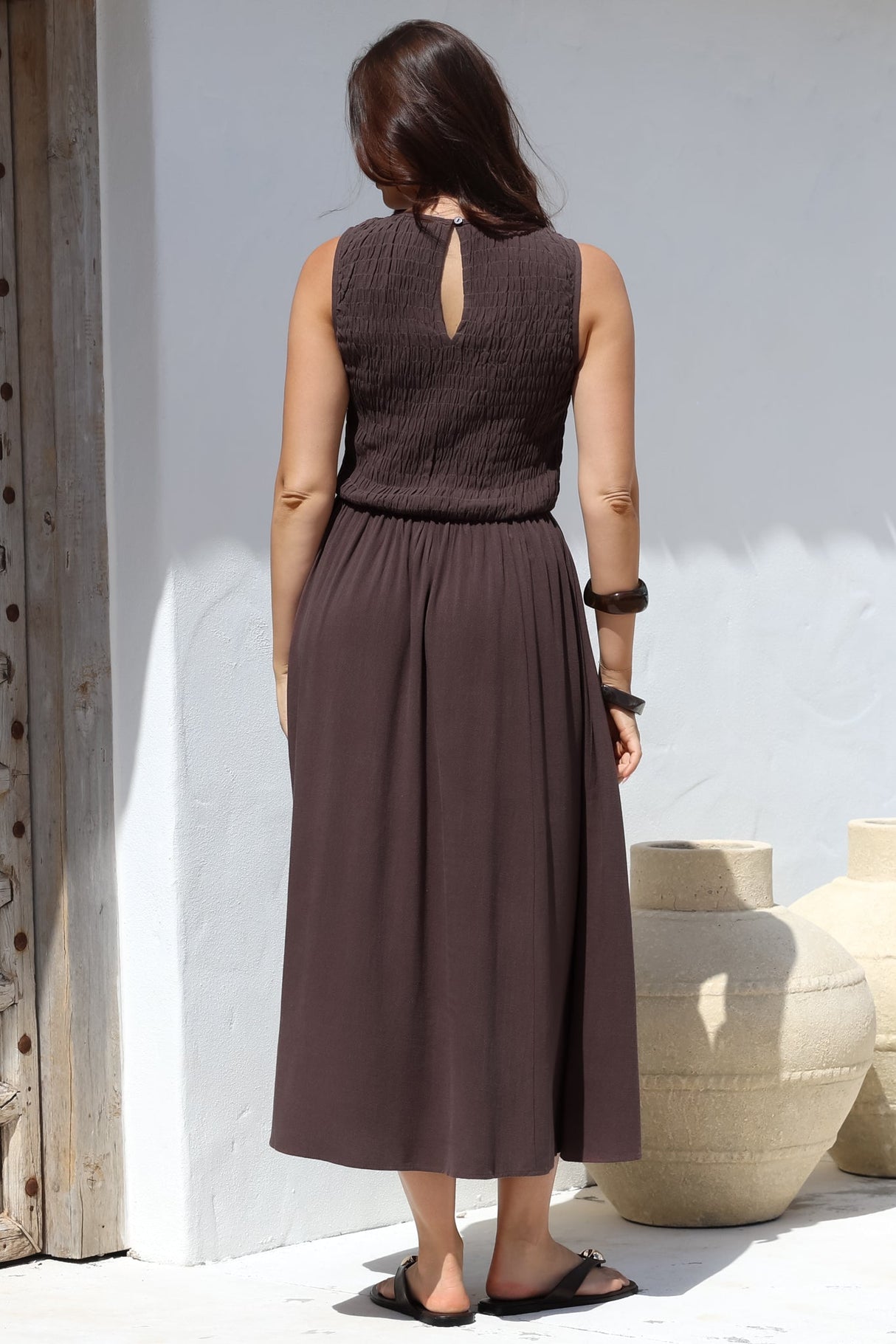 Adrian Midi Dress - Sleeveless Shirred Bodice A-Line Dress in Chocolate