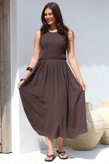 Adrian Midi Dress - Sleeveless Shirred Bodice A-Line Dress in Chocolate