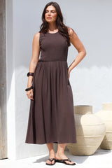 Adrian Midi Dress - Sleeveless Shirred Bodice A-Line Dress in Chocolate